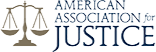 Logo of the American Association for Justice featuring scales of justice on the left and the organization's name written to the right in blue and gray text.
