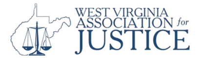 Logo for the West Virginia Association for Justice featuring an outline of the state of West Virginia and a balanced scales of justice symbol next to the organization's name in blue text.