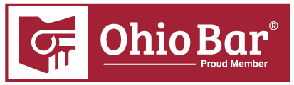 Ohio Bar Proud Member logo. White graphic of a courthouse column and hand on a red background, next to the text